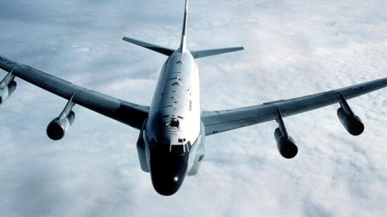 FILE PHOTO: An air-to-air front view of an RC-135 Stratolifter aircraft from the 306th Strategic Wing during a refueling mission over the North Sea. (Photo by USAF)
