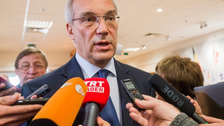 epa05268622 Russian Ambassador to NATO, Alexander Grushko speaks to the press after a meeting with NATO Secretary General Jens Stoltenberg at the Alliance headquarters, in Brussels, Belgium, 20 April 2016. This is the first time that a dialogue takes place between NATO and Russia after the Russians bombed Ukraine in 2014.  EPA/STEPHANIE LECOCQ