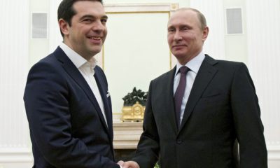 epa04695314 Russian President Vladimir Putin (R) welcomes visiting Greek Prime Minister Alexis Tsipras (L) during their meeting in Moscow's Kremlin, Russia, 08 April 2015. Greek Prime Minister Alexis Tsipras was holding talks with Russian President Vladimir Putin in Moscow in an effort to boost economic cooperation, investment and trade relations between the two countries.  EPA/ALEXANDER ZEMLIANICHENKO/POOL
