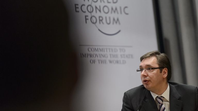 epa05114084 Aleksandar Vucic, Prime Minister of Serbia, speaks during the 'Open Forum' on the sideline of the 46th Annual Meeting of the World Economic Forum, WEF, in Davos, Switzerland, 20 January 2016. The overarching theme of the meeting, which is expected to gather some 2,500 leading politicians, UN executives, heads of major corporations, NGO leaders and artists at the annual four-day gathering taking place from 20 to 23 January, is 'Mastering the Fourth Industrial Revolution'.  EPA/JEAN-CHRISTOPHE BOTT