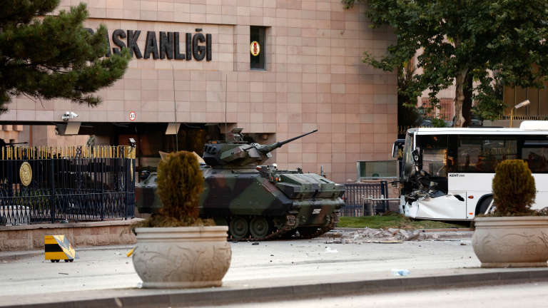 ANKARA, TURKEY - JULY 16: A military APC guards the Turkish Army's Headquarters in Ankara on July 16, 2016, Turkey. Istanbul's bridges across the Bosphorus, the strait separating the European and Asian sides of the city, had been closed to traffic.Turkish President Recep Tayyip Erdogan has denounced an army coup attempt, that has left at least 90 dead 1154 injured in overnight clashes in Istanbul and Ankara. (Photo by Erhan Ortac/Getty Images)