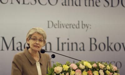 epa05489885 Irina Bokova, Director General of the United Nations Educational, Scientific and Cultural Organization (UNESCO) delivers a keynote lecture under the theme Soft Power for Peace and Development: UNESCO and the Sustainable Development Goals at the Lakshman Kadirgamar Institution of International Relations and Strategic Studies in Colombo, Sri Lanka 16 August 2016. Irina Bokova, the first female to head the UNESCO is on a four-day official visit to Sri Lanka on the invitation of the Government. During her visit she would call on President Maithripala Sirisena and also meet Sri Lankas Ministers for Foreign Affairs, Higher Education and Highways, Education and Science, Technology and Research. Ms. Bokova would visit the ancient cities of Polonnaruwa and Sigiriya and the sacred city of Kandy that have been included in the UNESCO World Heritage list. Sri Lanka has been a member of the UNESCO since 1949 prior to becoming a member of the United Nations in 1955. In November 2015, Sri Lanka was elected to the Executive Board of UNESCO for the term 2015-2019.  EPA/M.A.PUSHPA KUMARA