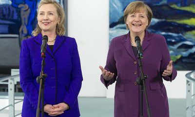 German Chancellor Angela Merkel and U.S. Secretary of State Hillary Clinton (L) address the media prior to a meeting at the Chancellery in Berlin April 14, 2011. Clinton is in Berlin to attend the two-day  NATO Foreign Ministers meetings. REUTERS/Saul Loeb/Pool   (GERMANY - Tags: POLITICS)