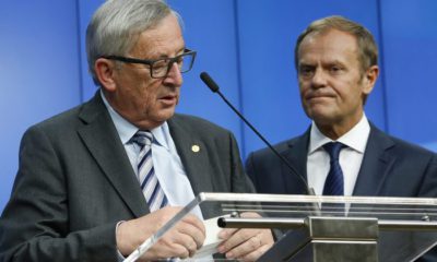 epa05397701 European Commission President Jean-Claude Juncker (L) and European Council President Donald Tusk (R) hold a joint news conference after the European Summit in Brussels, Belgium, 29 June 2016. EU leaders met for the first time since the British referendum, in which 51.9 per cent voted to leave the European Union.  EPA/JULIEN WARNAND