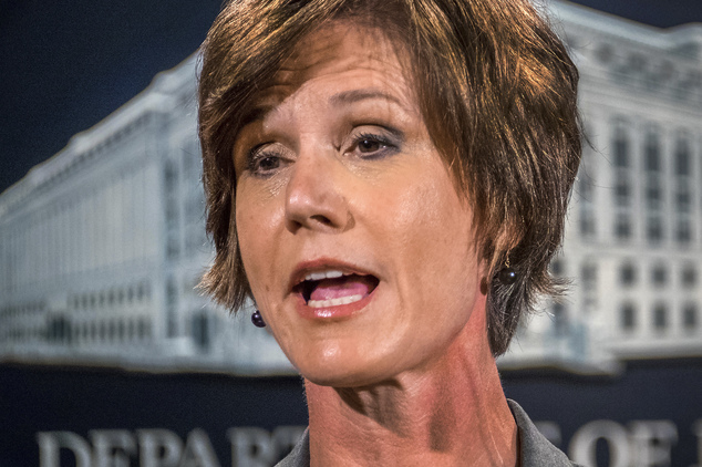 FILE - In this June 28, 2016, file photo, then-Deputy Attorney General Sally Yates speaks at the Justice Department in Washington. On Monday, Jan. 30, 2017, President Donald Trump fired acting Attorney General Sally Yates after she ordered Justice Department lawyers to stop defending refugee ban. (AP Photo/J. David Ake, File)