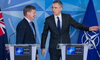 epa05712406 NATO Secretary General Jens Stoltenberg (R) and the Prime Minister of New Zealand, Bill English (L) during a joint news conference at the end of their meeting at the headquarters of the North Atlantic Treaty Organization (NATO), in Brussels, Belgium, 12 January 2017. English is on a visit to EU institutions and the NATO in Brussels.  EPA/STEPHANIE LECOCQ