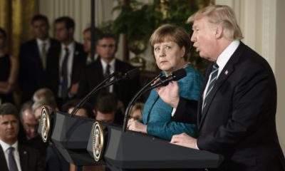 epa05855121 US President Donald J. Trump (R) and German Chancellor Angela Merkel (L) speak during a joint news conference in the East Room of the White House in Washington, DC, USA, 17 March 2017. Merkel's original visit on 14 March had to be postponed due to bad weather.  EPA/CLEMENS BILAN
