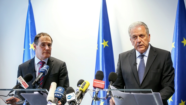 epa05861736 EU Commissioner for Migration, Home Affairs and Citizenship, Dimitris Avramopoulos (R) and Executive Director of Frontex, Fabrice Leggeri (L) address a joint press conference at the Frontex headquarters in Warsaw, Poland, 21 March 2017. Representatives of Frontex - the European Border and Coast Guard Agency and the Polish government signed a 09 March 2017 agreement that solidifies the status of the agency in Polan. The agreement will also allow Frontex to build its new headquarters in Warsaw on land provided by the Polish government.  EPA/RAFAL GUZ POLAND OUT