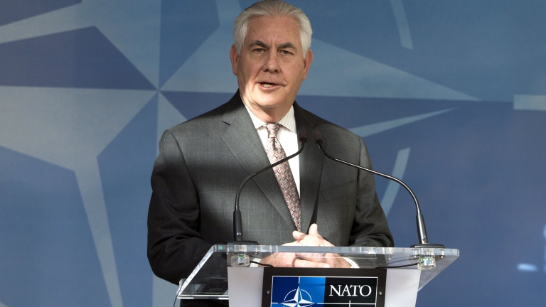 epa05880503 US Secretary of State Rex Tillerson speaks to the press prior to a meeting of NATO Foreign Ministers at NATO headquarters in Brussels, Belgium, 31 March 2017. NATO Foreign Ministers gathered for a one day meeting of the North Atlantic Council (NAC).  EPA/VIRGINIA MAYO / POOL