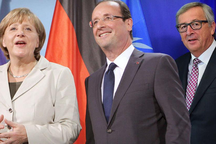 триоFotomontazh Merkel Hollande Junker