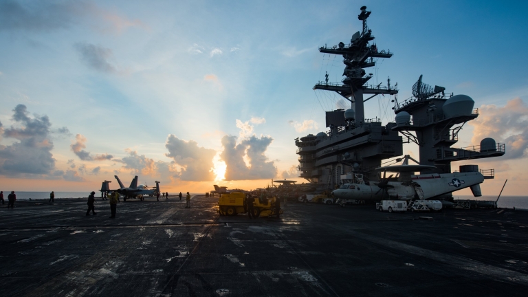 epa05902114 A handout photo made available by the US Navy shows the aircraft carrier USS Carl Vinson (CVN 70) as it transits the South China Sea, 08 April 2017 (issued 10 April 2017). The Carl Vinson Carrier Strike Group is on a regularly scheduled Western Pacific deployment as part of the US Pacific Fleet-led initiative to extend the command and control functions of US 3rd Fleet. According to media reports on 09 April 2017, the Carl Vinson US Navy Strike Group, which includes the USS Carl Vinson (CVN 70), is moving toward the Korean peninsula to provide a 'show of force' against North Korea in the wake of North Korean ballistic missile tests and reported increased activity at North Korea's nuclear test site.  EPA/MCS 3RD CLASS MATT BROWN/US NAVY HANDOUT  HANDOUT EDITORIAL USE ONLY/NO SALES