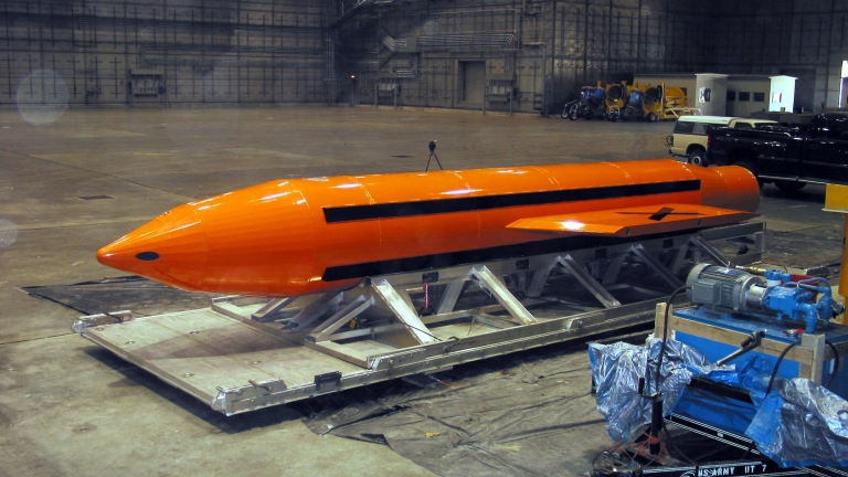epa05906547 A handout photo made available by the US Department of Defense (DoD) shows a GBU-43 Massive Ordnance Air Blast (MOAB) bomb being prepared for testing at the Eglin Air Force Armament Center, Florida, USA, on 11 March 2003. A Pentagon spokesman announced on 13 April 2017 the use of GBU-43 bomb for the first time against caves used by Islamic State (IS) in eastern Afghanistans Nangahar province. The MOAB is a precision-guided munition weighing 21,500 pounds. It is the largest non-nuclear conventional weapon in existence.  EPA/Department of Defense / HANDOUT  HANDOUT EDITORIAL USE ONLY/NO SALES
