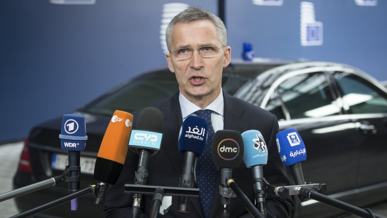 epaselect epa05971692 North Atlantic Treaty Organization (NATO) Secretary General Jens Stoltenberg speaks to the media as he arrives to attend a EU Foreign Affairs Council in Defense, in Brussels, Belgium, 18 May 2017. The ministers are expected 'to take stock of the implementation of the EU Global Strategy in the area of security and defence and are expected to adopt conclusions', the Council of the European Union said in a related media release.  EPA/OLIVIER HOSLET