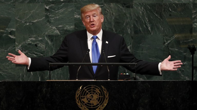 epa06213771 US President Donald J. Trump speaks during the opening session of the General Debate of the 72nd United Nations General Assembly at the UN headquarters in New York, New York, USA, 19 September 2017. The annual gathering of world leaders formally opens 19 September 2017, with the theme, Focusing on People: Striving for Peace and a Decent Life for All on a Sustainable Planet'.  EPA/JUSTIN LANE