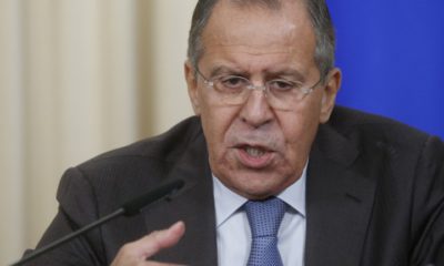 epa06192058 Russian Foreign Minister Sergei Lavrov speaks during a joint news conference with French Foreign Minister Jean-Yves Le Drian (unseen) following their negotiations at the Russian Foreign Ministry's guest house in Moscow, Russia, 08 September 2017.  EPA/SERGEI CHIRIKOV
