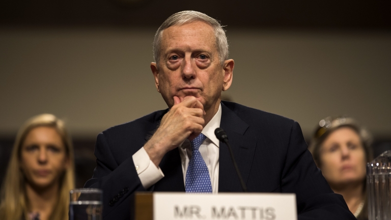 epa05713061 Retired United States Marine Corps general  and Donald Trump's nominee for Secretary of Defense James Mattis testifies at his confirmation hearing before the Senate Armed Services Committee in the Dirksen Senate Office Building in Washington, DC, USA, 12 January 2017. The four-star general recently resigned from the board of the embattled blood-testing company Theranos.  EPA/JIM LO SCALZO