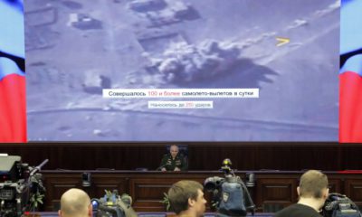 epa06374272 Chief of the Main Operational Directorate of the General Staff of the Russian Armed Forces Colonel General Sergei Rudskoy (C) holds a media briefing on the fight against terrorism in Syria at the Russian National Defence Control Center in Moscow, Russia, 07 December 2017. Sergei Rudskoy announced full elimination of the so-called Islamic State (IS, ISIS or ISIL) terrorist forces in Syria.  EPA/SERGEI ILNITSKY