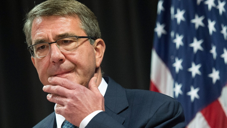 epa05289379 US Secretary of Defense Ashton Carter ponders while delivering a statement to the media following the meeting of the alliance of Defense Ministers in the fight against the terrorist organization Islamic State (IS), in Stuttgart, Germany, 04 May 2016.  EPA/MARIJAN MURAT
