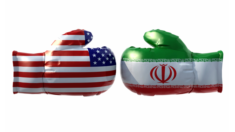 Boxing gloves with Usa and Iran flag, isolated 3d illustration