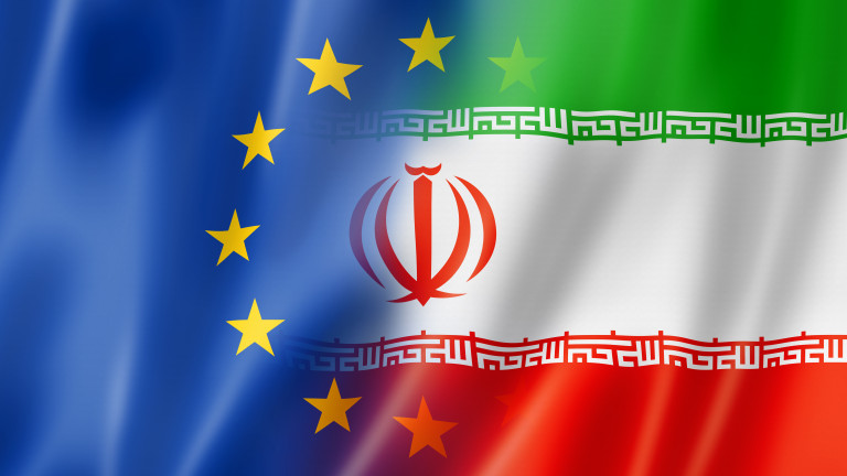 Mixed Europe and Iran flag, three dimensional render, illustration