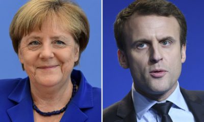 (COMBO) This combination of file pictures created on Mach 10, 2017 shows German Chancellor Angela Merkel (L, July 28, 2016 in Berlin) and French presidential election candidate for the "En Marche" movement Emmanuel Macron (March 4, 2017 in Caen).
As it was announced on March 10, 2017, Merkel will receive Macron in Berlin on March 16, 2017. / AFP PHOTO / Tobias SCHWARZ AND Jean-François MONIER