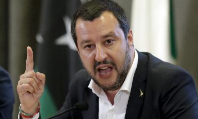 Italian Interior Minister Matteo Salvini makes a point during a joint press conference with Vice President of Libyan Parliamentary Council Ahmed Maitig, in Rome, Thursday, July 5, 2018.  Italy’s anti-migrant interior minister wants tighter criteria applied for granting humanitarian protection to migrants rescued at sea.  (AP Photo/Andrew Medichini)