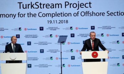 epa07177051 Turkish President Recep Tayyip Erdogan (R) and Russian President Vladimir Putin (L) attend a ceremony on the occasion of completion of offshore section of Turkstream project in Istanbul, Turkey, 19 November 2018. TurkStream will directly connect the large gas reserves in Russia to the Turkish gas transportation network, to provide reliable energy supplies for Turkey, south and south-east Europe.  EPA/ERDEM SAHIN