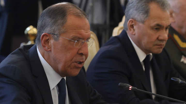 epa06735738 Russian Foreign Minister Sergei Lavrov (L) and Defense Minister Sergei Shoigu (R) attend a meeting with Egyptian Foreign Minister Sameh Shoukry and Defense Minister Sedqi Sobhi in Moscow, Russia, 14 May 2018. Media reports state that Sergei Lavrov and Sameh Shoukry are discussing Iran’s nuclear program, the regional crisis and bilateral relations.  EPA/SERGEI ILNITSKY