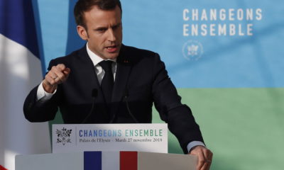 epa07192454 French President Emmanuel Macron delivers a speech after attending a meeting dubbed 'The presentation of the strategy for ecology transition', at the Elysee Palace in Paris, France, 27 November 2018. President Macron addressed the situation in regards to the ongoing 'Gilets Jaunes' (Yellow Vest) protests across France, calling for concertations with Yellow Vest representatives.  EPA/IAN LANGSDON / POOL