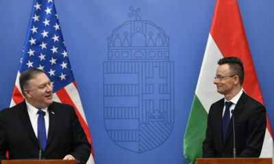 epa07362587 Hungarian Minister of Foreign Affairs and Trade Peter Szijjarto (R) and US Secretary of State Mike Pompeo hold a joint press conference after their meeting in the ministry in Budapest, Hungary, 11 February 2019. Pompeo is on an official visit to Hungary.  EPA/Zsolt Szigetvary HUNGARY OUT