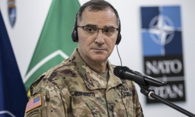 epa05807052 NATO Supreme Allied Commander Europe (SACEUR), US General Curtis Scaparrotti (C), listens to a question during a news conference at the headquarters of the North Atlantic Treaty Organization's (NATO) mission in Kosovo (KFOR) during his visit in Pristina, Kosovo, 21 February 2017. US General Curtis Scaparrotti is on one day official visit in Kosovo.  EPA/VALDRIN XHEMAJ