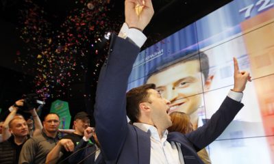 epa07520381 Ukrainian showman and comedian, and Presidential candidate Volodymyr Zelensky reacts at his campaign headquarters following a presidential elections in Kiev, Ukraine, on April 21, 2019. Ukrainians voted during the second round of Presidential elections on 21 April 2019.  EPA/STEPAN FRANKO