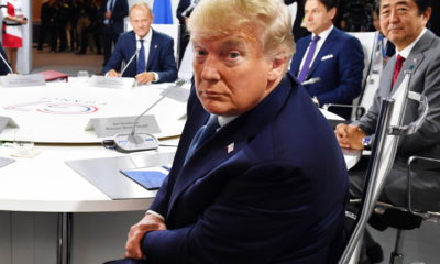 epa07792010 US President Donald Trump attends a G7 working session on 'International Economy and Trade, and International Security Agenda' during the G7 summit in Biarritz, France, 25 August 2019. The G7 Summit runs from 24 to 26 August in Biarritz.  EPA/JEFF J MITCHELL / POOL
