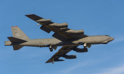 Bossier City, LA, U.S.A. – Jan. 24, 2017: A U.S. Air Force B 52 bomber, assigned to the Air Force Global Strike Command's Eighth Air Force, flies over Bossier City toward Barksdale Air Force Base.