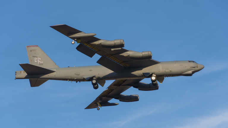Bossier City, LA, U.S.A. – Jan. 24, 2017: A U.S. Air Force B 52 bomber, assigned to the Air Force Global Strike Command's Eighth Air Force, flies over Bossier City toward Barksdale Air Force Base.
