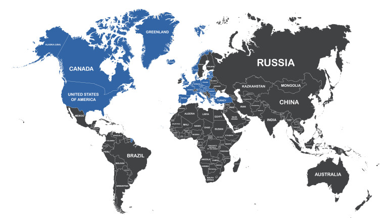 All member states of NATO highlighted on the map