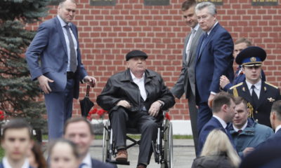 epa07557053 President of the Soviet Union Mikhail Gorbachev in a wheel chair arrives to watch Victory Day parade in Red Square in Moscow, Russia, 09 May 2019. Russia marks 09 May the 74th anniversary of the victory in the World War II over Nazi Germany and its allies. The Soviet Union lost 27 million people in the war.  EPA/YURI KOCHETKOV