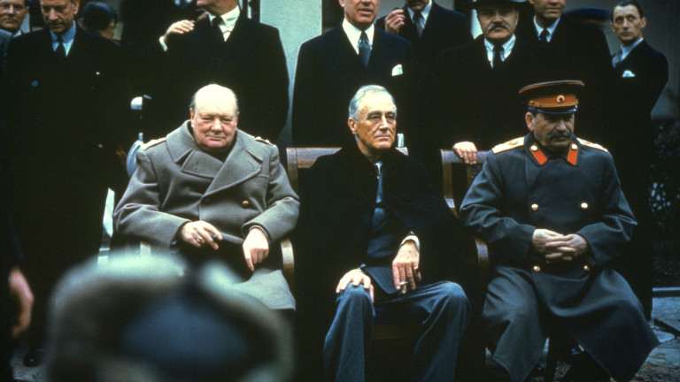 Winston Churchill, Franklin Delano Roosevelt and Joseph Stalin at the Yalta Conference, February 1945.   (Photo by Hulton Archive/Getty Images)
