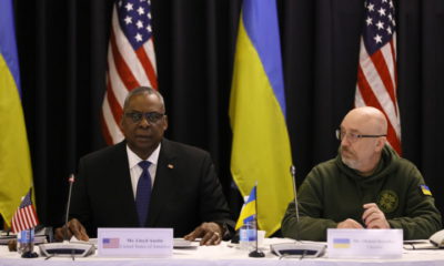 epa10417532 U.S. Secretary of Defense Lloyd J. Austin III (L) and Ukrainian Minister of Defense Oleksii Reznikov (R) attend the third meeting of Ukraine Defense Contact Group at the US Air Base in Ramstein, Germany, 20 January 2023. The US Secretary of Defense Austin has invited Ministers of Defense and senior military officials from around the world to Ramstein to discuss the ongoing crisis in Ukraine and various security issues facing US allies and partners.  EPA/RONALD WITTEK