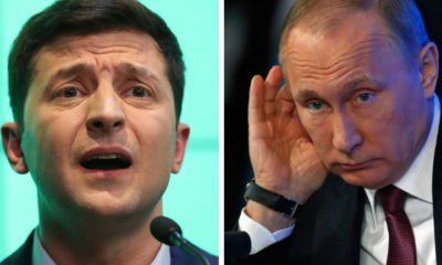 epa07713961 (FILE / COMPOSITE) - Ukranian then Presidential candidate Volodymyr Zelensky (L) talks to the media during the Ukrainian presidential elections in Kiev, Ukraine, 21 April 2019, and Russian President Vladimir Putin (R) gestures while answering a question during his annual press conference in in Moscow, Russia, 23 December 2016 (images reissued 13 July 2019). According to reports, The Ukraine's President Zelensky called Russian President Put on the phone on 11 July 2019 for the first time.  EPA/TATYANA ZENKOVICH/YURI KOCHETKOV